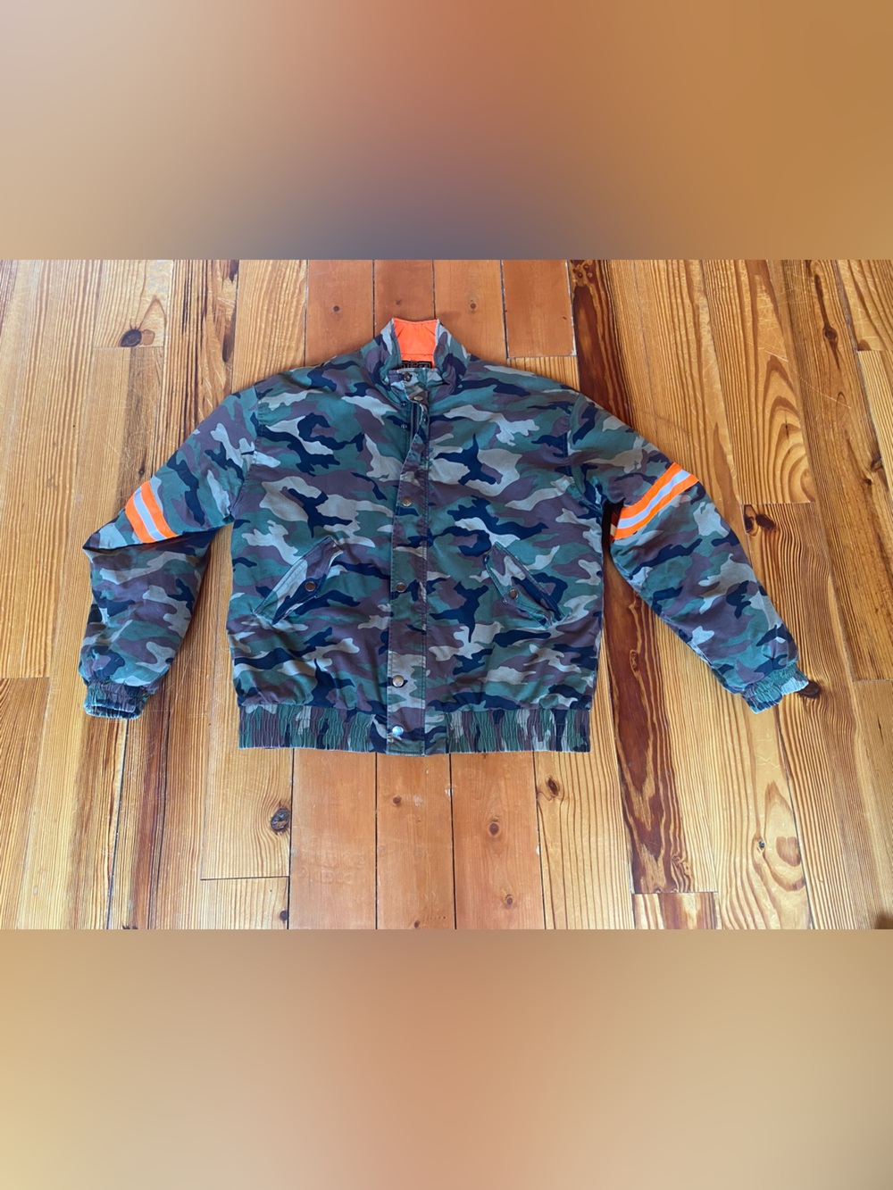 Guess Camouflage Bomber Jacket with Orange Accents